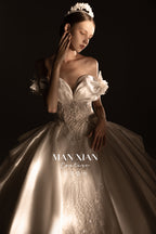 Regal Off-Shoulder Satin Ball Gown Wedding Dress with Oversized Bow & Cathedral Train