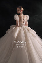 Regal Puff-Sleeve Crystal Ball Gown Wedding Dress with Cathedral Train & Sculptural Lace Skirt
