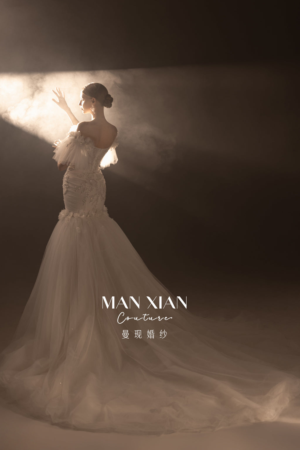 Ethereal Off-Shoulder Crystal Mermaid Wedding Dress with 3D Floral Detail & Cathedral Train