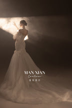 Ethereal Off-Shoulder Crystal Mermaid Wedding Dress with 3D Floral Detail & Cathedral Train