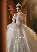 Regal Off-Shoulder Beaded Ball Gown Wedding Dress with Statement Collar & Cathedral Train