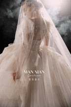 Regal Puff-Sleeve Crystal Ball Gown Wedding Dress with Cathedral Train & Sculptural Lace Skirt