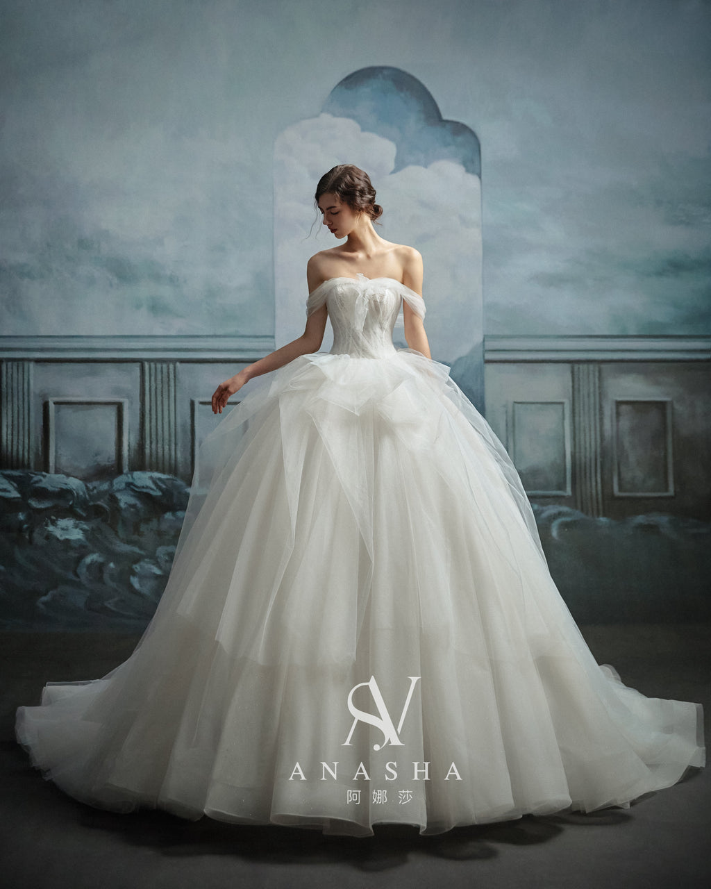 Ethereal Off-Shoulder Tulle Ball Gown Wedding Dress with Cathedral Train & Lace Bodice