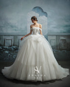 Ethereal Off-Shoulder Tulle Ball Gown Wedding Dress with Cathedral Train & Lace Bodice