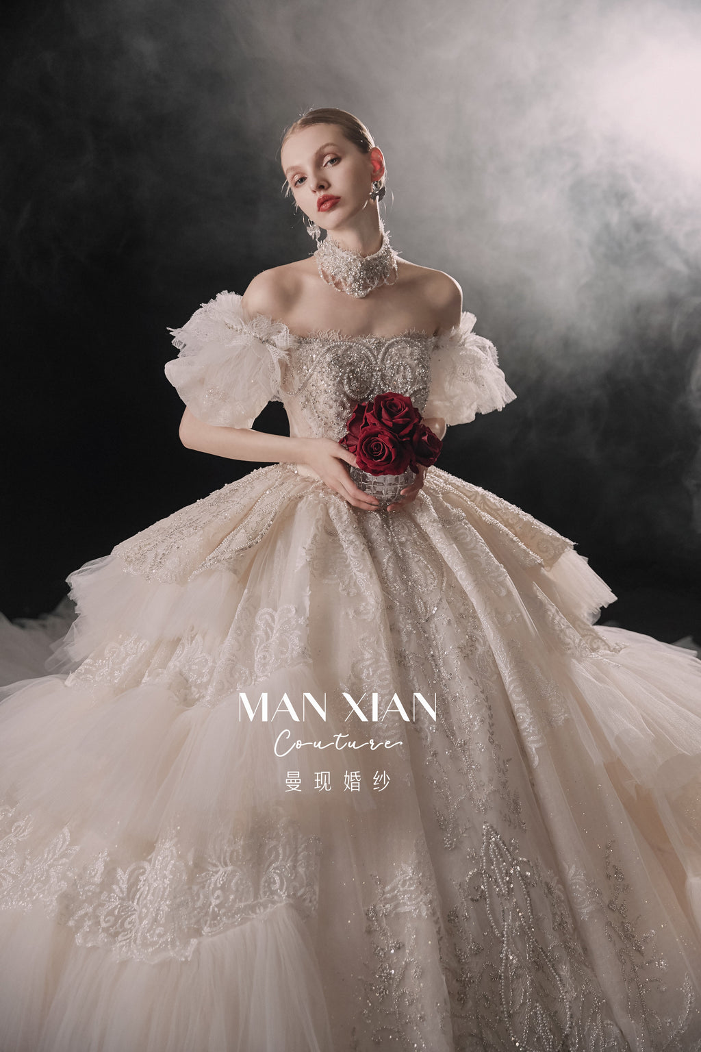 Regal Off-Shoulder Crystal Ball Gown Wedding Dress with Cathedral Train & Statement Choker