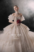 Regal Off-Shoulder Crystal Ball Gown Wedding Dress with Cathedral Train & Statement Choker