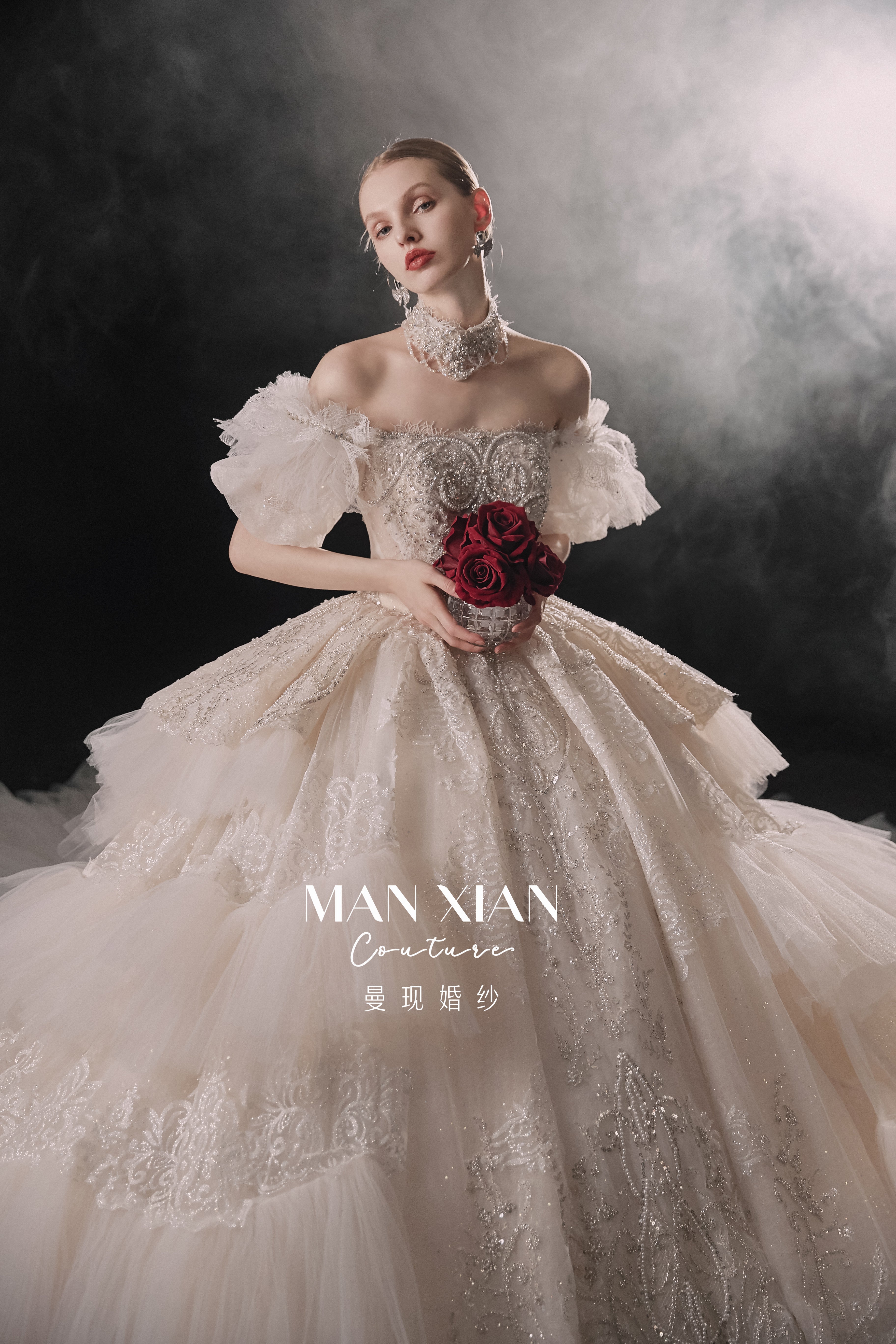 Regal Off-Shoulder Crystal Ball Gown Wedding Dress with Cathedral Train & Statement Choker