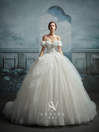 Romantic Off-Shoulder Ruffled Ball Gown Wedding Dress with Chapel Train & Crystal Detailing