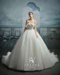 Modern Strapless Satin Draped Ball Gown Wedding Dress with Cathedral Train