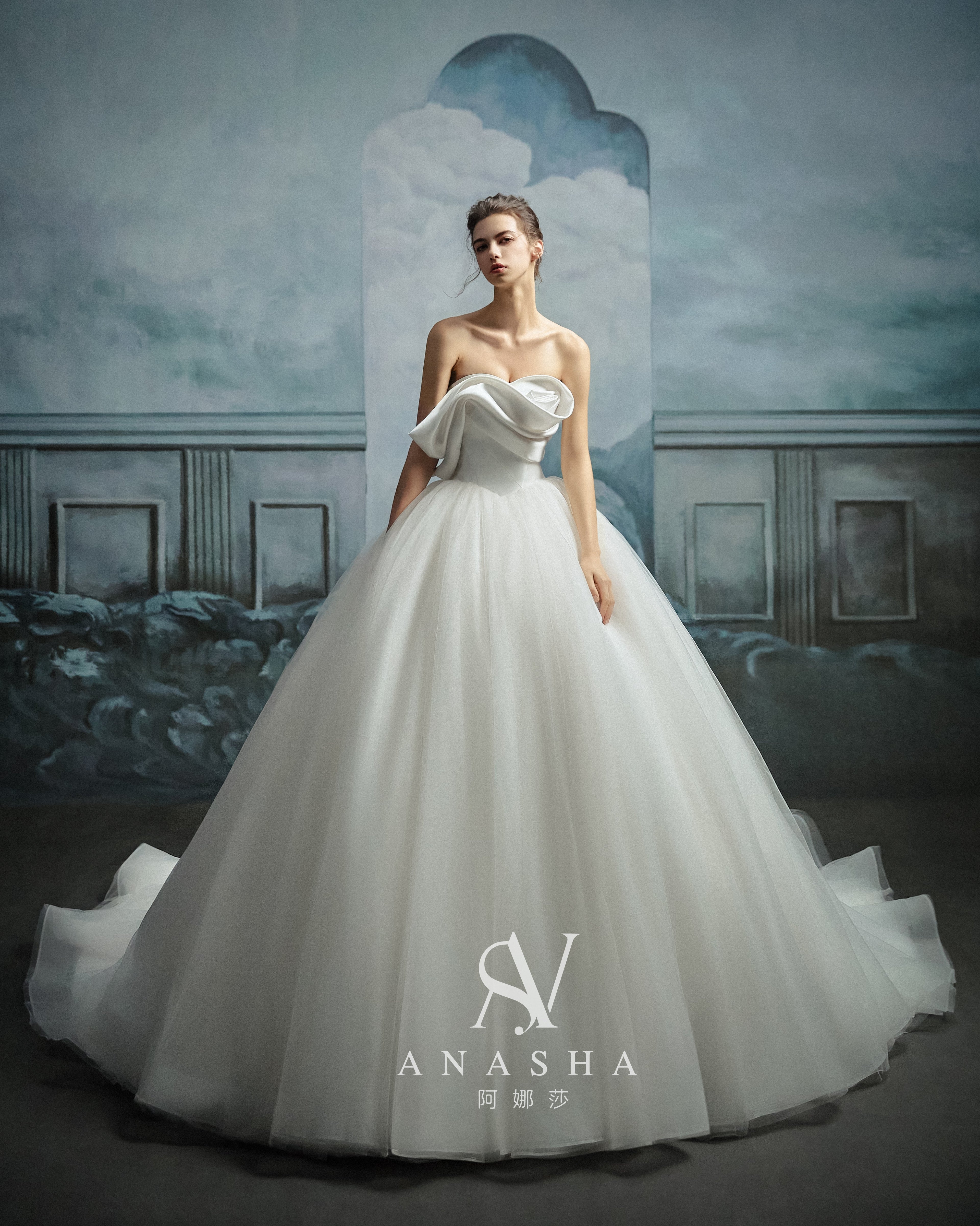 Modern Strapless Satin Draped Ball Gown Wedding Dress with Cathedral Train