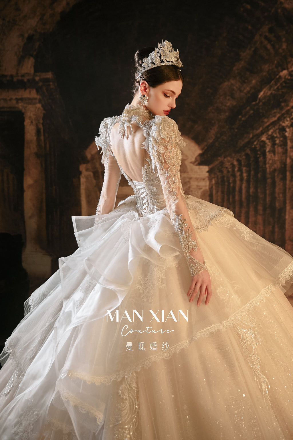 Couture Luxury Beaded Lace Wedding Dress with High Neck & Train | Princess Ball Gown Bridal Gown