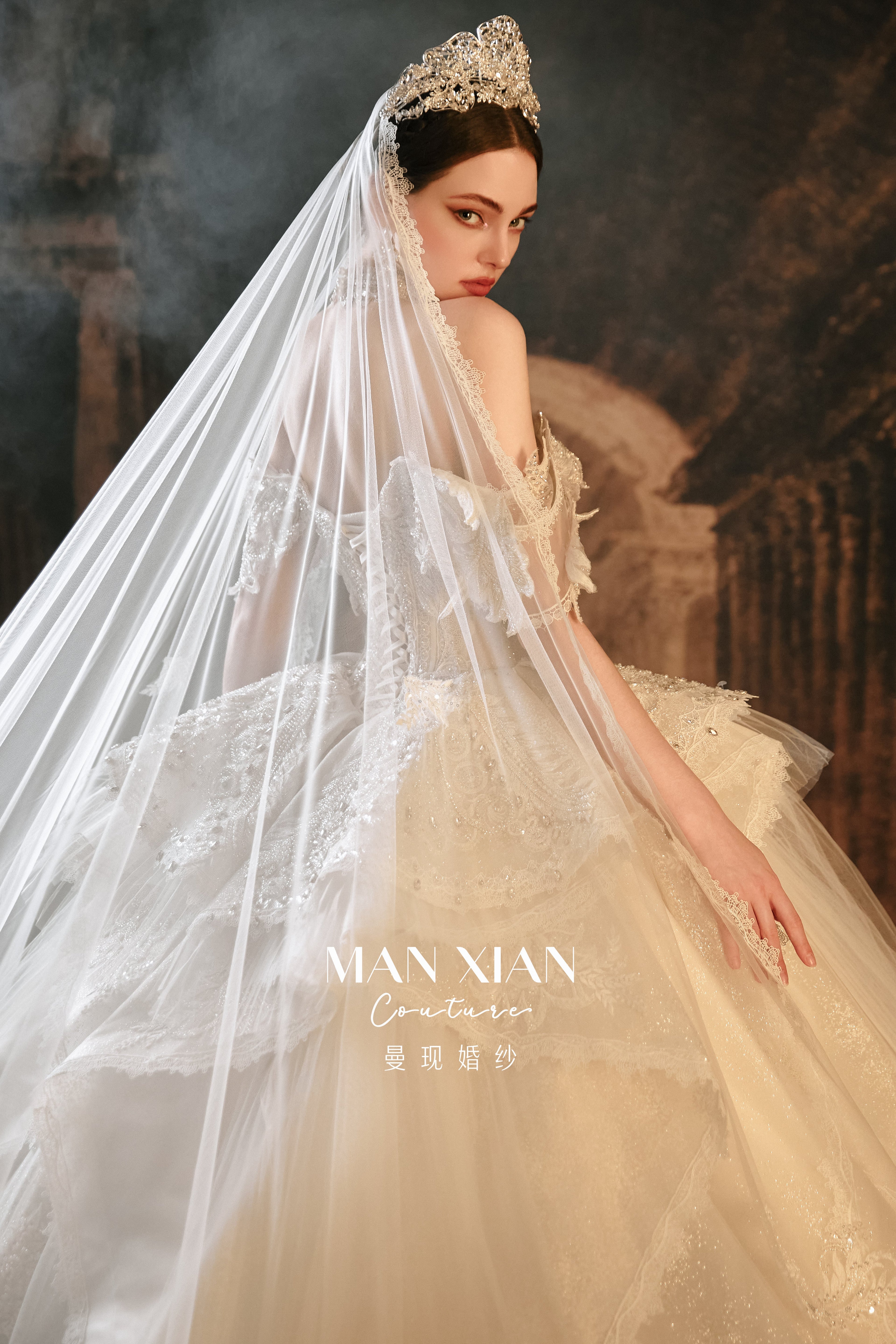 Royal Off-Shoulder Ruffled Ball Gown Wedding Dress with Cathedral Train & Statement Collar