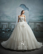 Ethereal Off-Shoulder Tulle Ball Gown Wedding Dress with Cathedral Train & Lace Bodice