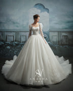 Romantic Square Neck Lace Ball Gown Wedding Dress with Cathedral Train & Puff Sleeves
