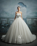 Ethereal Strapless Ruffled Ball Gown Wedding Dress with Chapel Train