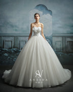 Ethereal Strapless Ruffled Ball Gown Wedding Dress with Chapel Train