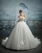 Modern Strapless Satin Draped Ball Gown Wedding Dress with Cathedral Train