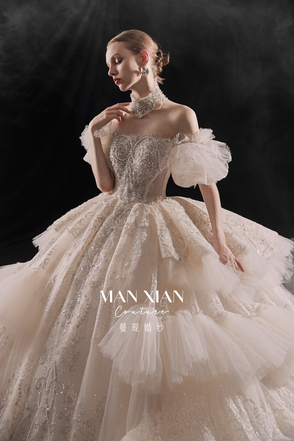 Regal Off-Shoulder Crystal Ball Gown Wedding Dress with Cathedral Train & Statement Choker