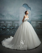 Modern Strapless Satin Draped Ball Gown Wedding Dress with Cathedral Train