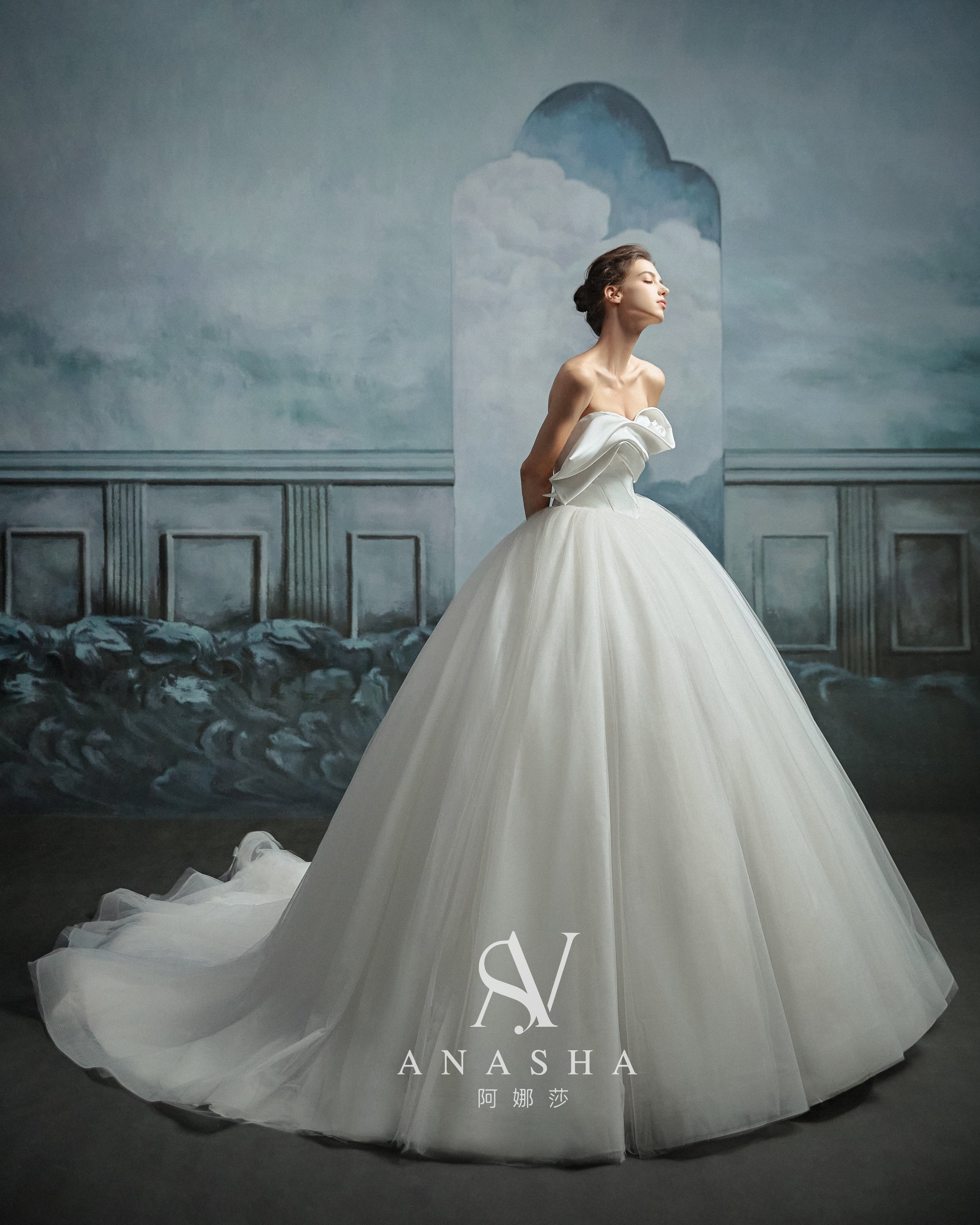 Modern Strapless Satin Draped Ball Gown Wedding Dress with Cathedral Train