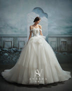 Ethereal Off-Shoulder Tulle Ball Gown Wedding Dress with Cathedral Train & Lace Bodice