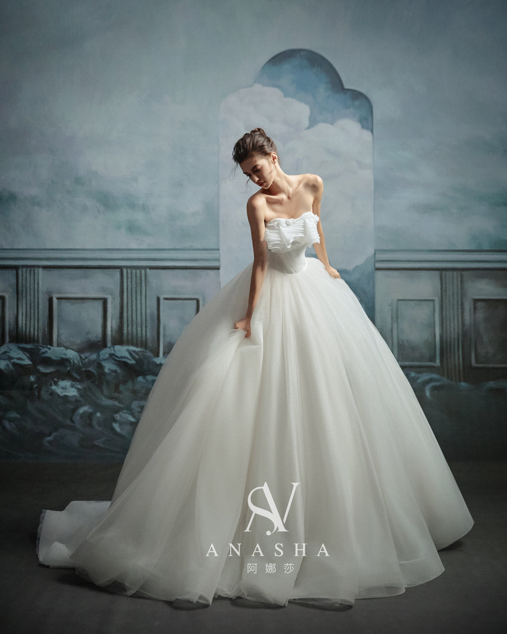 Ethereal Strapless Ruffled Ball Gown Wedding Dress with Chapel Train