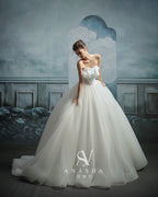 Ethereal Strapless Ruffled Ball Gown Wedding Dress with Chapel Train