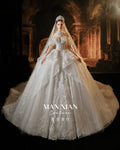 Royal Off-Shoulder Ruffled Ball Gown Wedding Dress with Cathedral Train & Statement Collar
