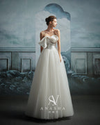 Modern Strapless Satin Bow Ball Gown Wedding Dress with Tulle Skirt & Chapel Train