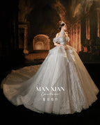 Royal Off-Shoulder Ruffled Ball Gown Wedding Dress with Cathedral Train & Statement Collar
