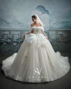 Ethereal Off-Shoulder Crystal Ball Gown Wedding Dress with Cathedral Train & Cloud Appliqués