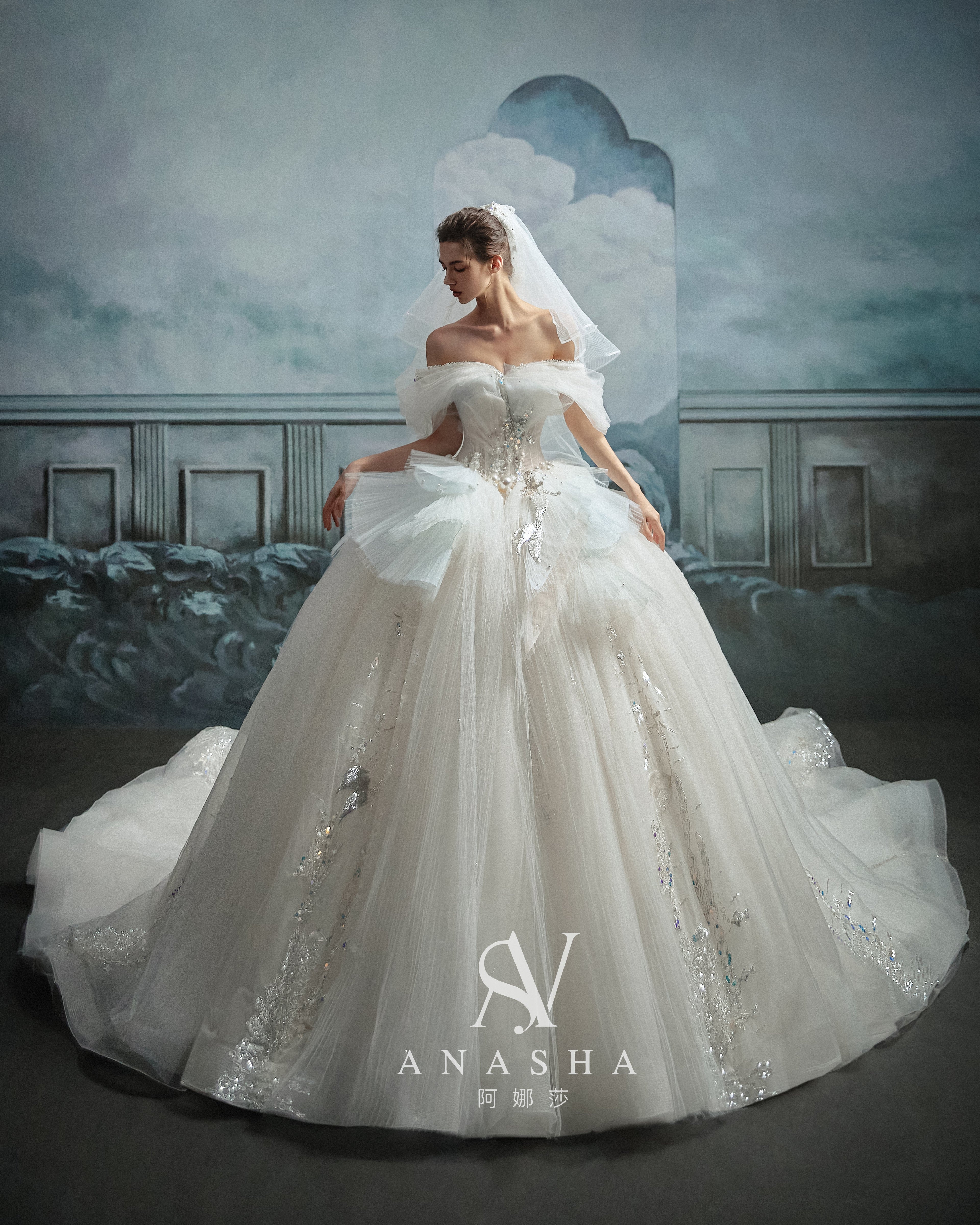 Ethereal Off-Shoulder Crystal Ball Gown Wedding Dress with Cathedral Train & Cloud Appliqués