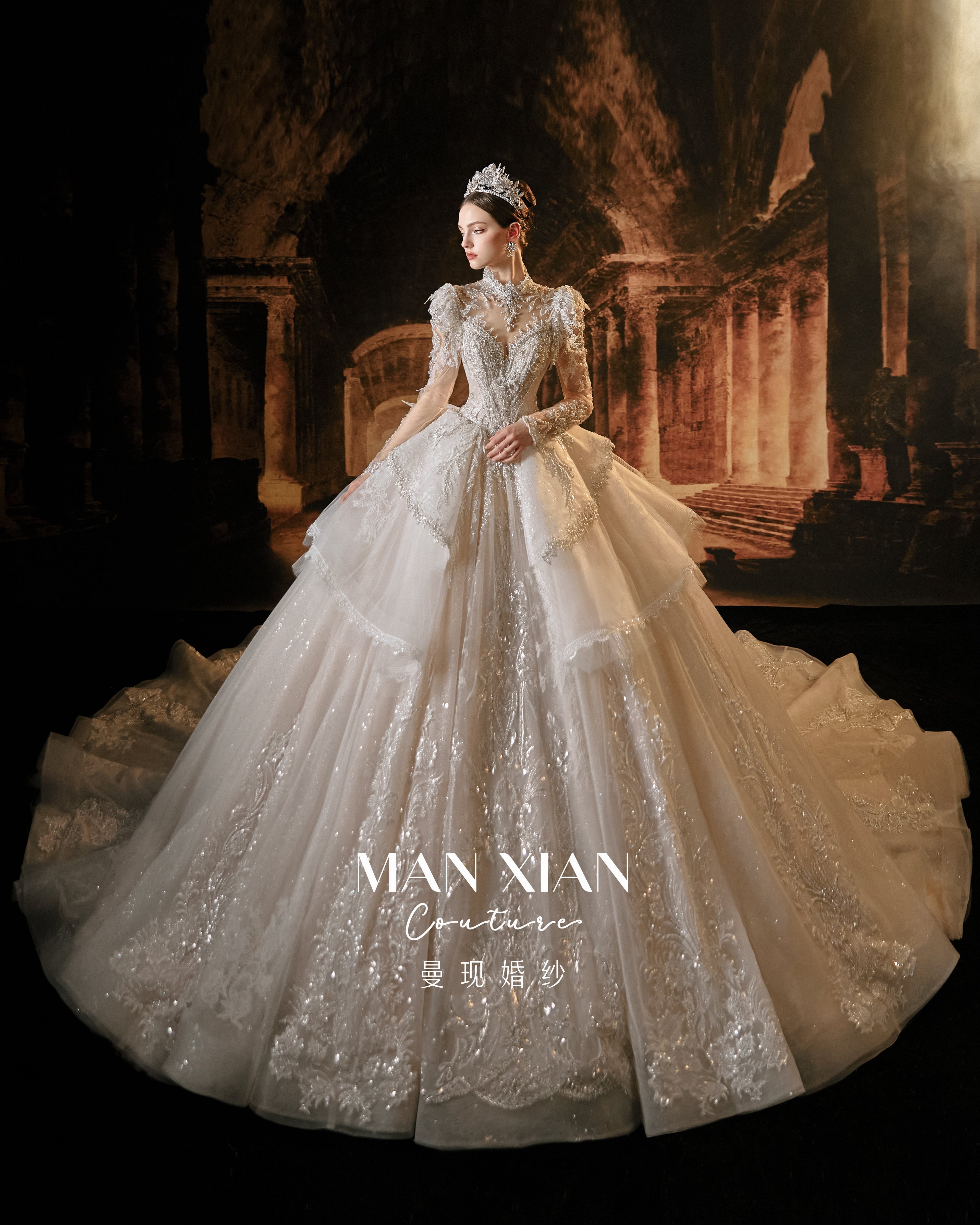 Couture Luxury Beaded Lace Wedding Dress with High Neck & Train | Princess Ball Gown Bridal Gown