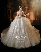 Regal Off-Shoulder Beaded Ball Gown Wedding Dress with Statement Collar & Cathedral Train