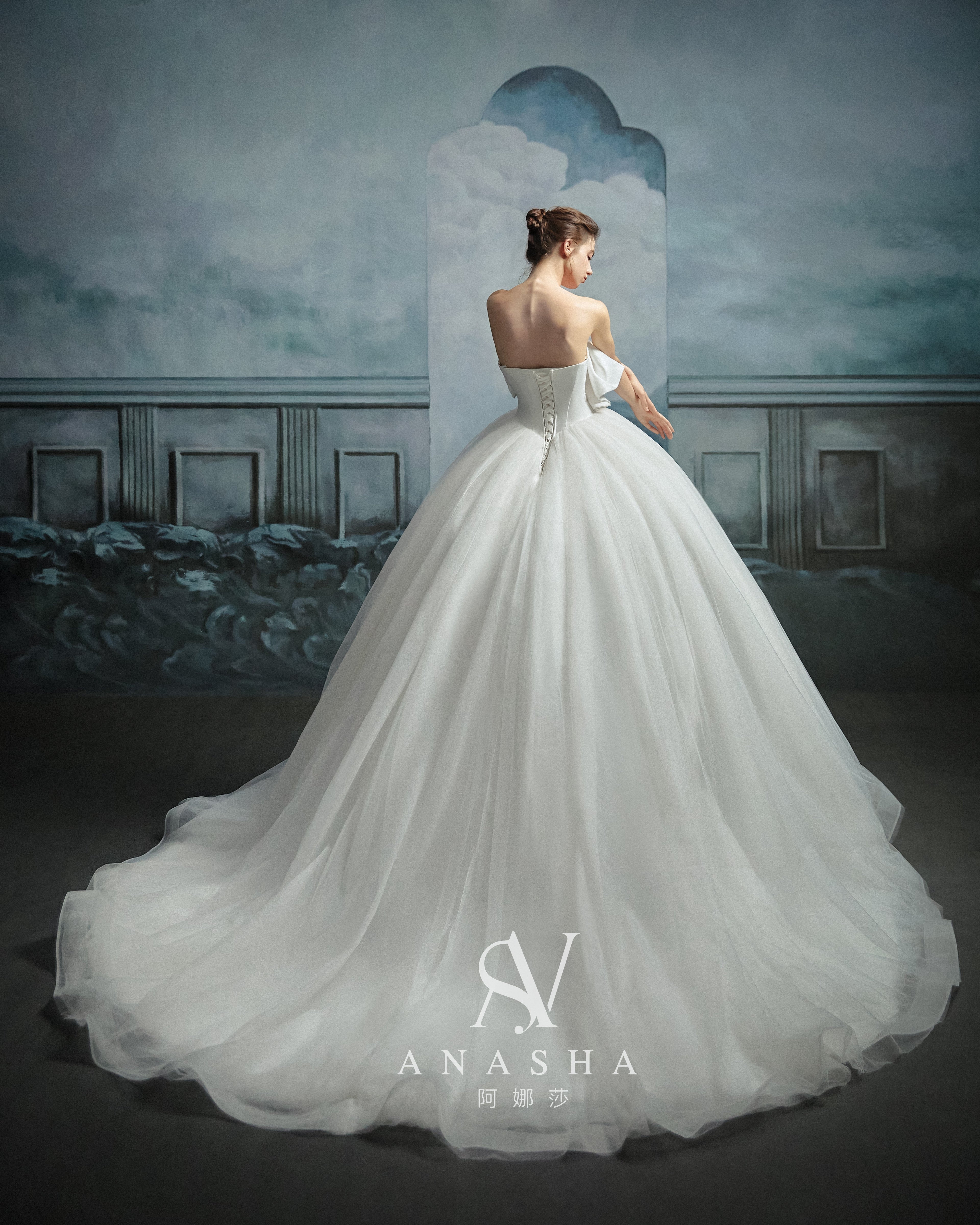 Modern Strapless Satin Draped Ball Gown Wedding Dress with Cathedral Train