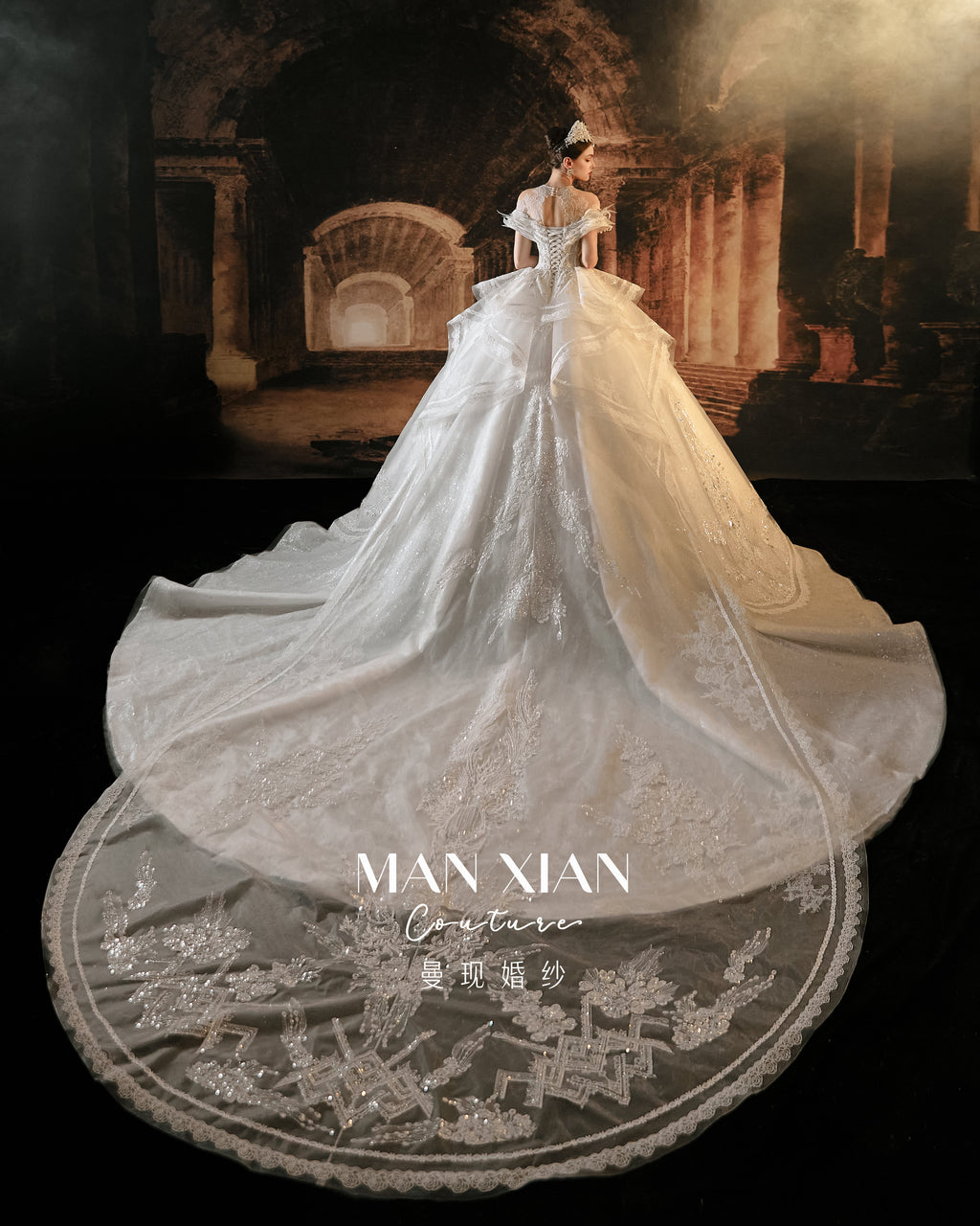 Elegant Off-Shoulder Feather Wedding Dress | Luxury Sequin Lace Ball Gown Bridal Gown