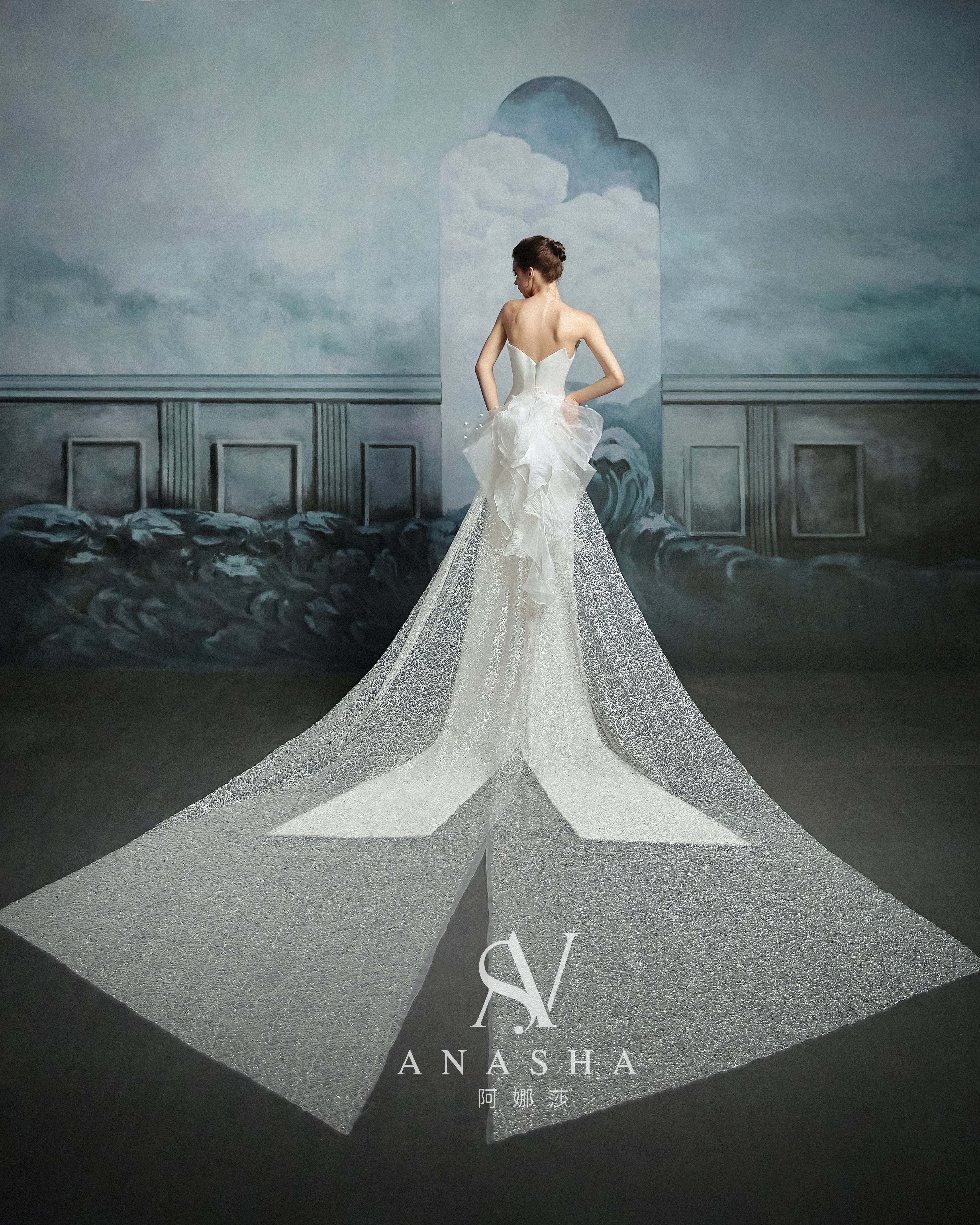 Modern Strapless Satin Mermaid Wedding Dress with Asymmetric Tulle Train & Lace Detailing