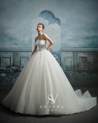 Ethereal Strapless Ruffled Ball Gown Wedding Dress with Chapel Train
