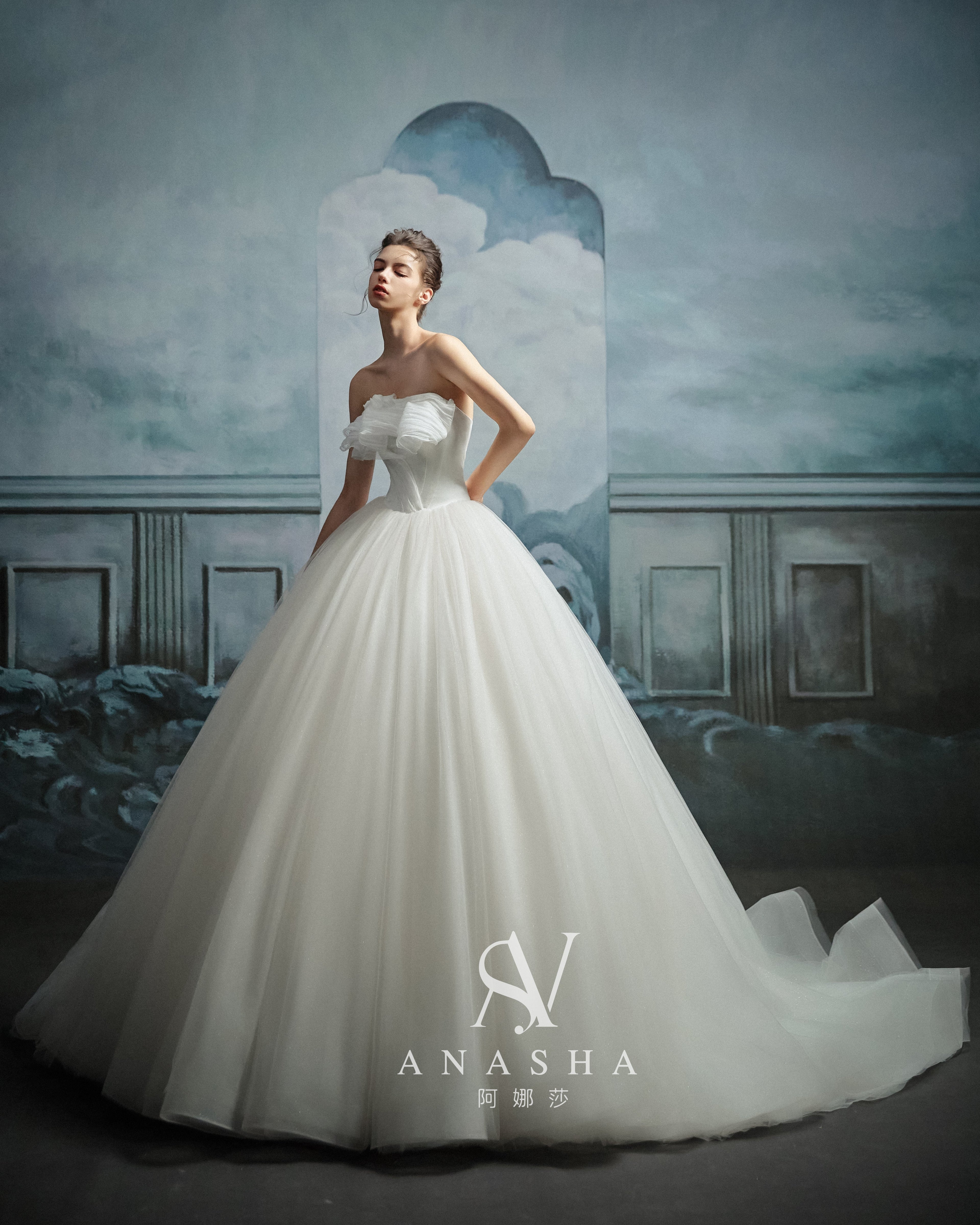 Ethereal Strapless Ruffled Ball Gown Wedding Dress with Chapel Train