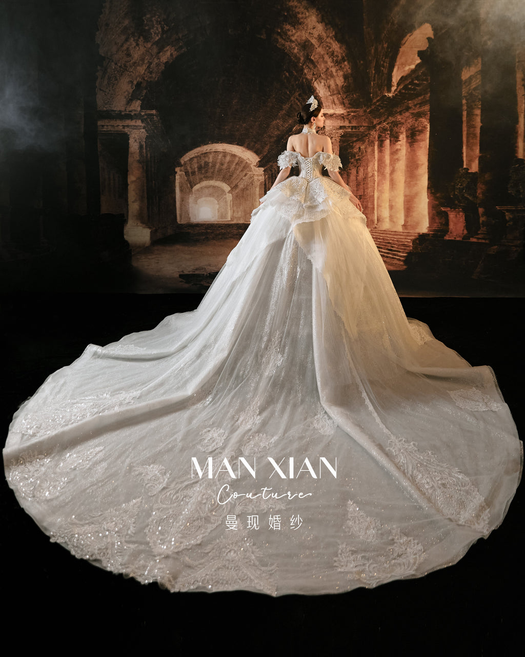 Royal Off-Shoulder Ruffled Ball Gown Wedding Dress with Cathedral Train & Statement Collar