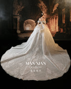 Royal Off-Shoulder Ruffled Ball Gown Wedding Dress with Cathedral Train & Statement Collar