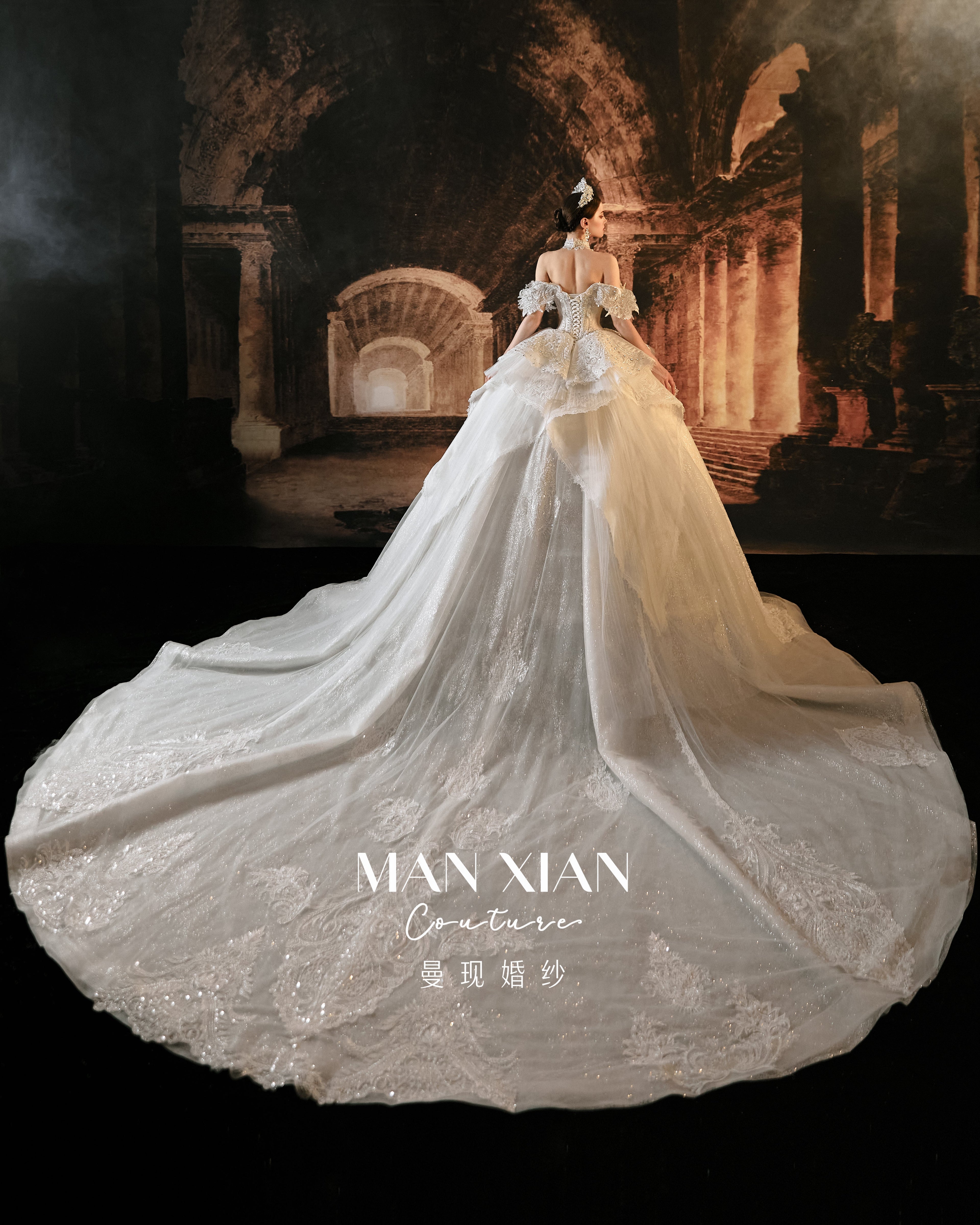 Royal Off-Shoulder Ruffled Ball Gown Wedding Dress with Cathedral Train & Statement Collar