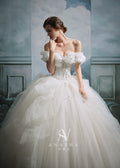 Romantic Off-Shoulder Ruffled Ball Gown Wedding Dress with Chapel Train & Crystal Detailing
