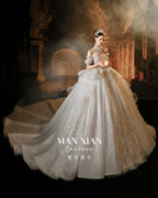 Regal Off-Shoulder Beaded Ball Gown Wedding Dress with Statement Collar & Cathedral Train