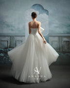 Modern Strapless Satin Bow Ball Gown Wedding Dress with Tulle Skirt & Chapel Train