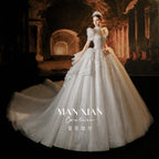 High Neck Sparkle Ball Gown Wedding Dress with Cathedral Train
