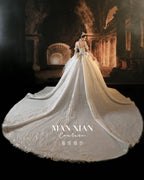 Regal Off-Shoulder Beaded Ball Gown Wedding Dress with Statement Collar & Cathedral Train