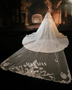 Royal Off-Shoulder Ruffled Ball Gown Wedding Dress with Cathedral Train & Statement Collar