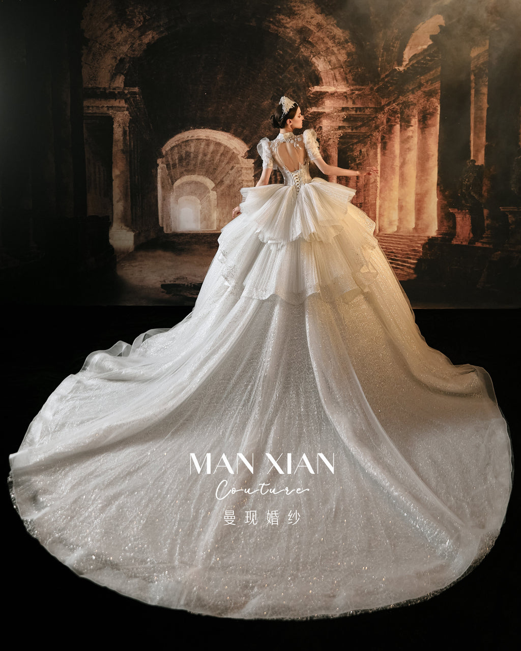 High Neck Sparkle Ball Gown Wedding Dress with Cathedral Train