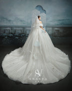 Ethereal Off-Shoulder Crystal Ball Gown Wedding Dress with Cathedral Train & Cloud Appliqués